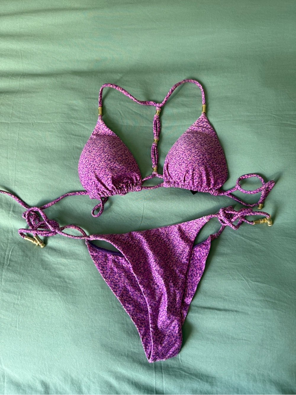 Purple Floral String Triangle Bikini Set - Women Swim